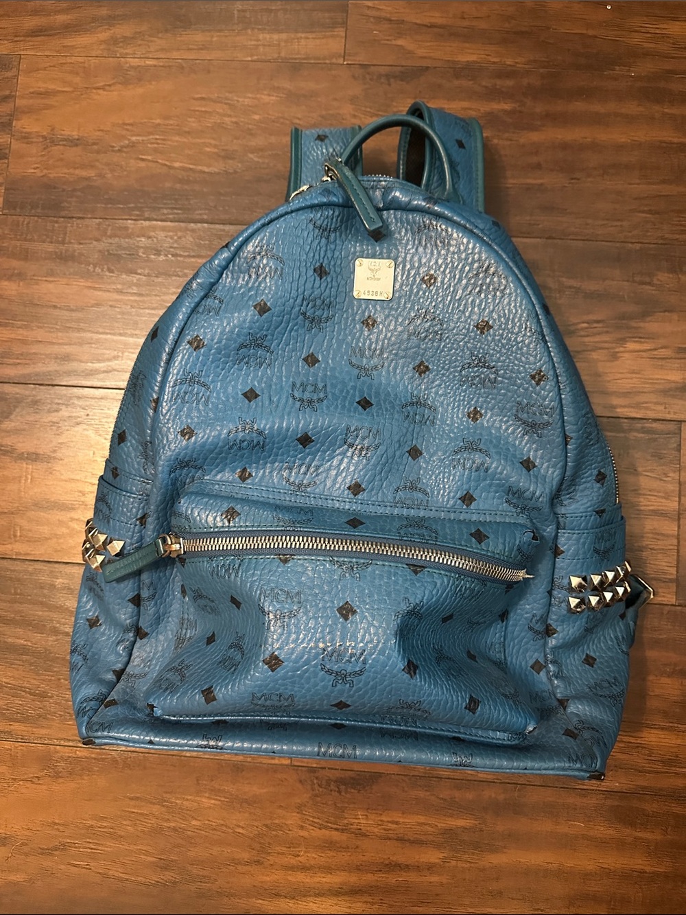 MCM Teal Blue Logo Studded Leather Backpack